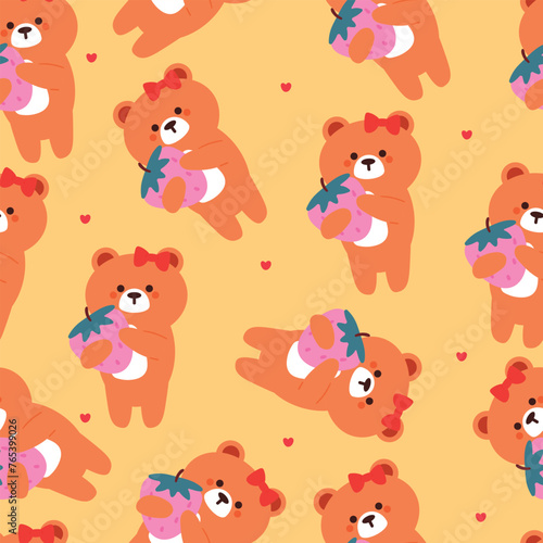 seamless pattern cartoon bears with strawberry. cute animal wallpaper illustration for gift wrap paper © PIPIOREN