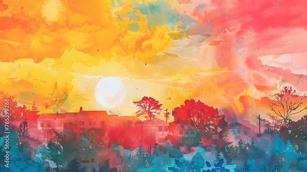 Vibrant Watercolor Sunrise over a Sustainable Community Promoting Eco-Friendly Living