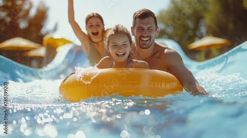 A happy family slides down a slide in a water park on an inflatable ring. Children and parents have fun on vacation