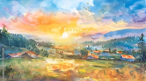 Vibrant Watercolor Sunrise Over Sustainable Rural Community