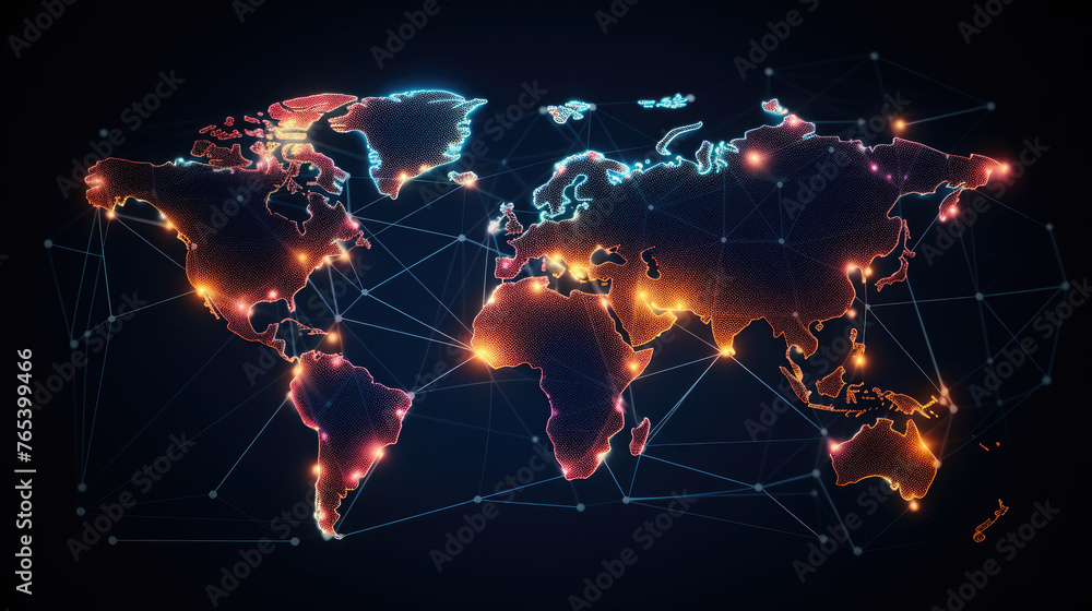 Polygonal world map. Modern world map made of neon lines and dots on dark black background. Polygonal world map. Modern world map made of neon lines and dots on dark black background.