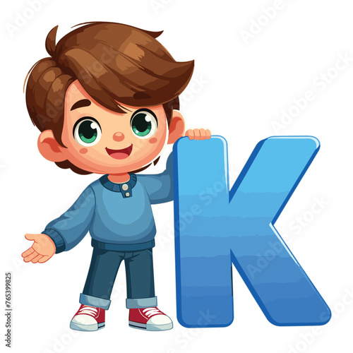 cartoon cute happy Little boy holding alphabet letter K
