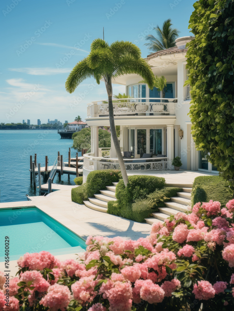Luxurious waterfront mansion surrounded by lush greenery and pink blooms. Generative AI.
