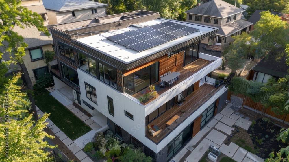 This modern passive house is complemented by a landscaped yard, with solar panels adorning the gable roof to maximize energy efficiency