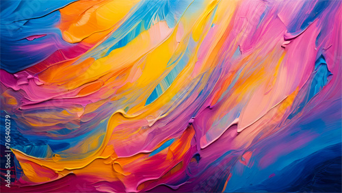 Thick rainbow colorful acrylic oil paint stroke on wall. Closeup of abstract rough colorful multicolored art on walls 