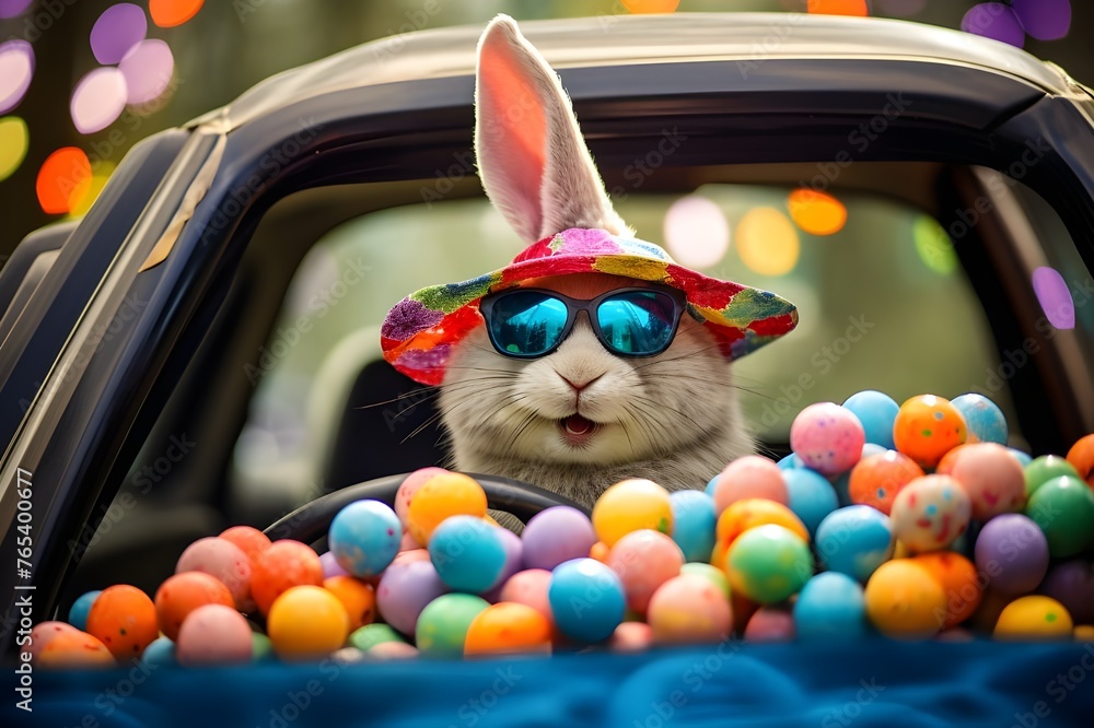 Easter Egg Bunny Smiling Rabbit in Car with Colored Glasses Handing Out of Car
