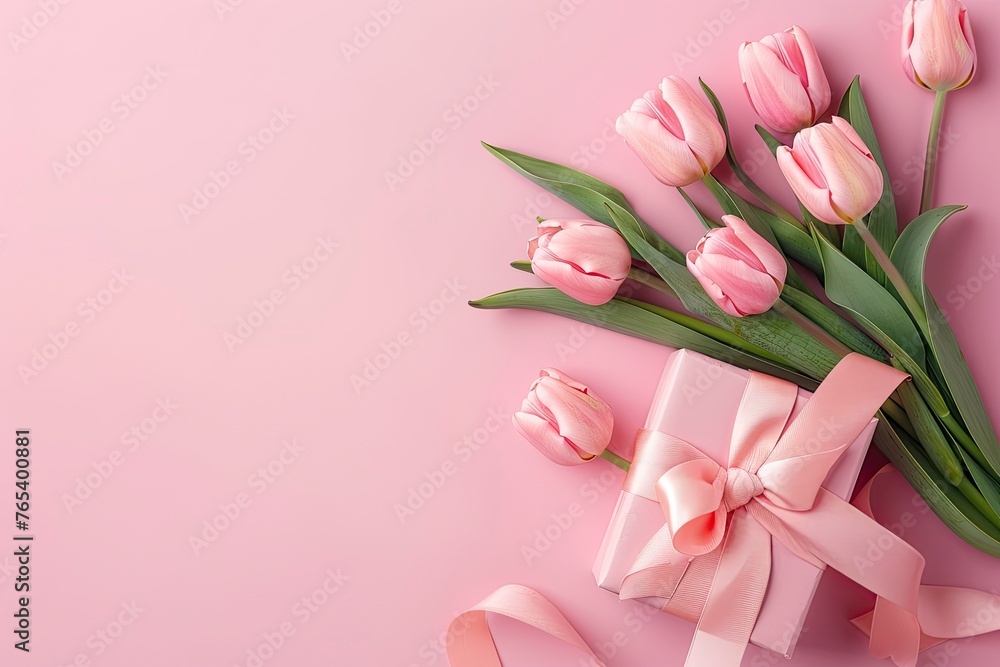 Title: Mother's Day concept. Top view photo of stylish pink giftbox with ribbon bow generative ai Title: Mother's Day concept. Top view photo of stylish pink giftbox with ribbon bow generative ai