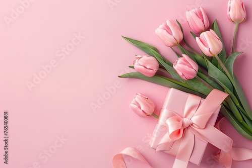 Title: Mother's Day concept. Top view photo of stylish pink giftbox with ribbon bow generative ai