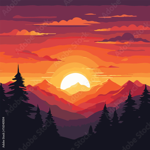 sunset with nature landscape  vector illustration