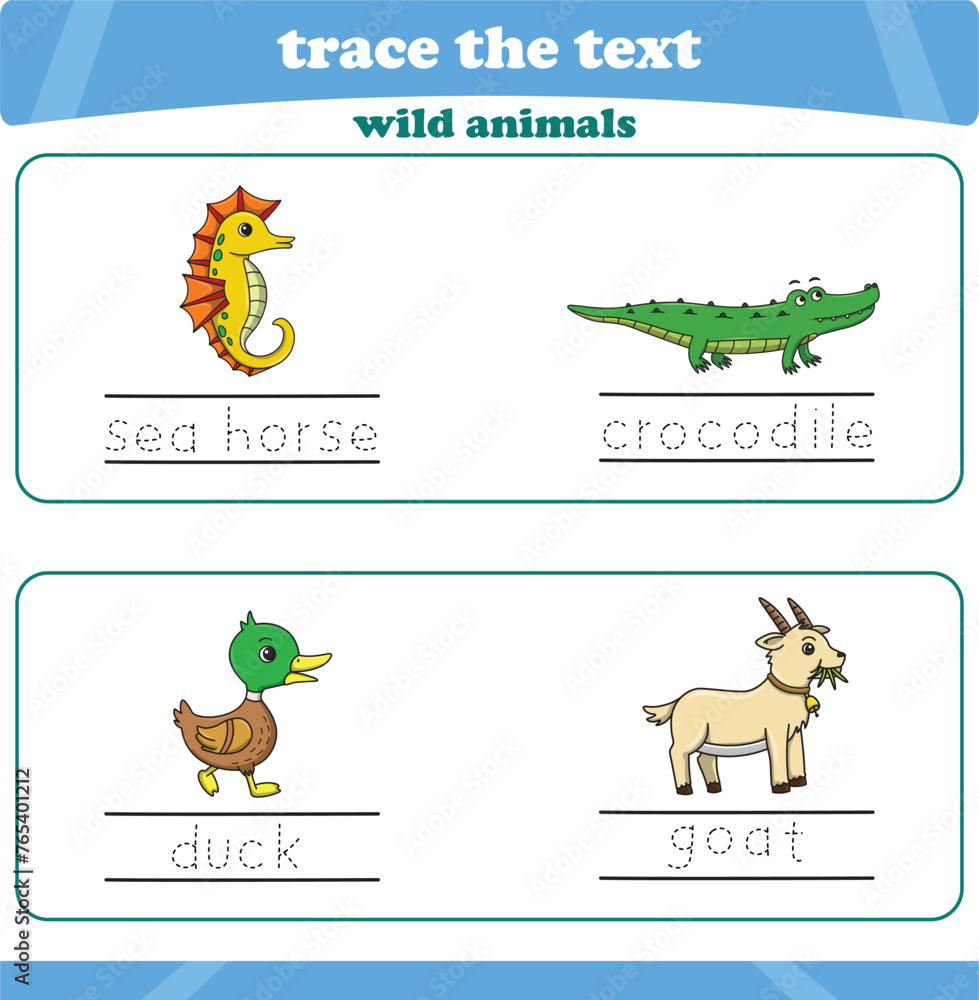writing practice with wild animals. Worksheet trace the text. Vector illustration writing practice with wild animals. Worksheet trace the text. Vector illustration
