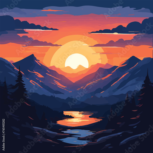sunset with nature landscape vector illustration