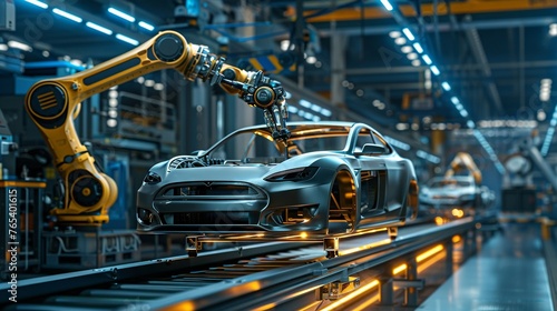 A depiction of a robotic arm meticulously assembling a car in a hightech factory setting Focus on the precision 