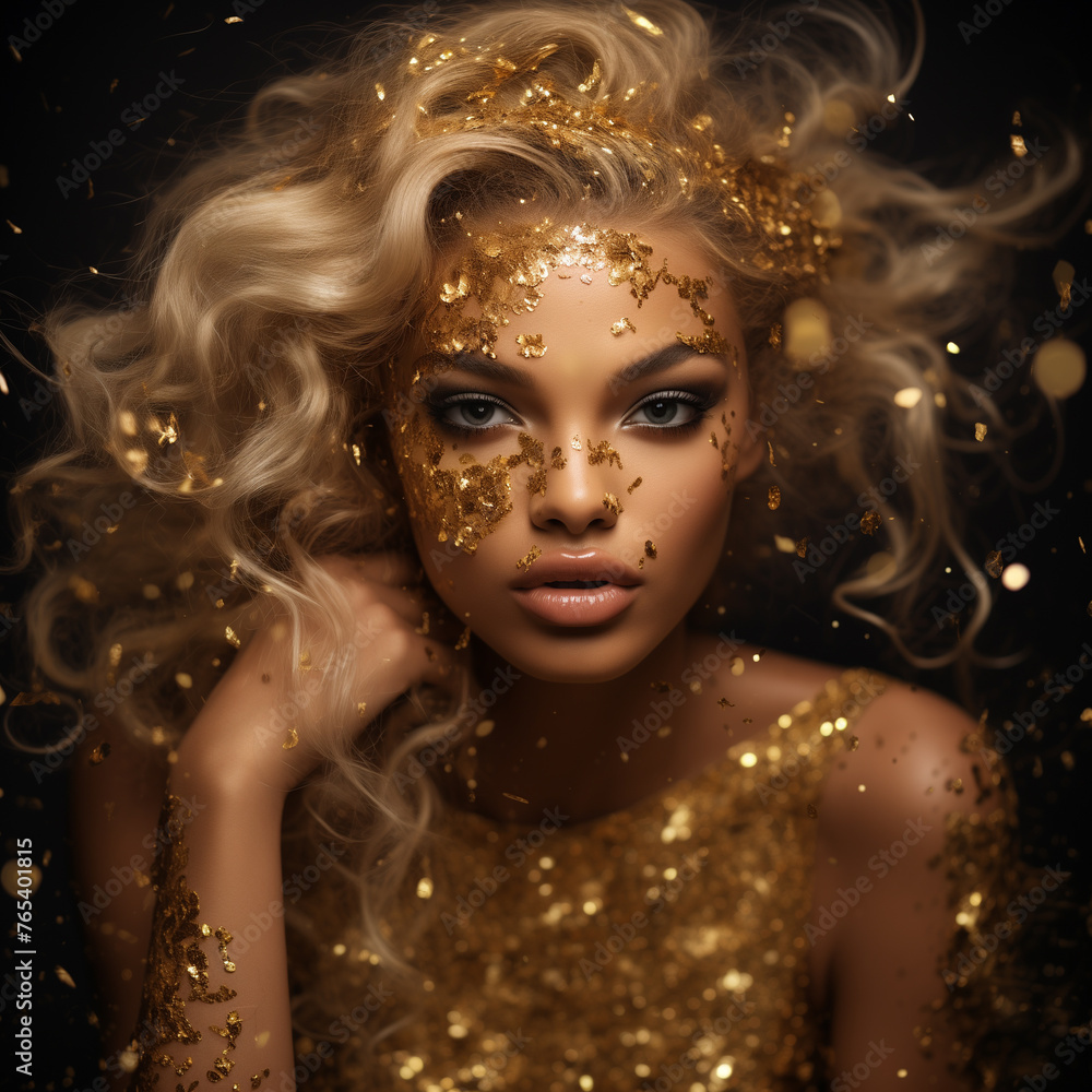 Girl face premium with gold, portrait of beautiful woman model with fresh daily makeup and romantic wavy hairstyle. Fashion shiny highlighter on skin, sexy gloss lips make-up and dark eyebrows. Girl face premium with gold, portrait of beautiful woman model with fresh daily makeup and romantic wavy hairstyle. Fashion shiny highlighter on skin, sexy gloss lips make-up and dark eyebrows.
