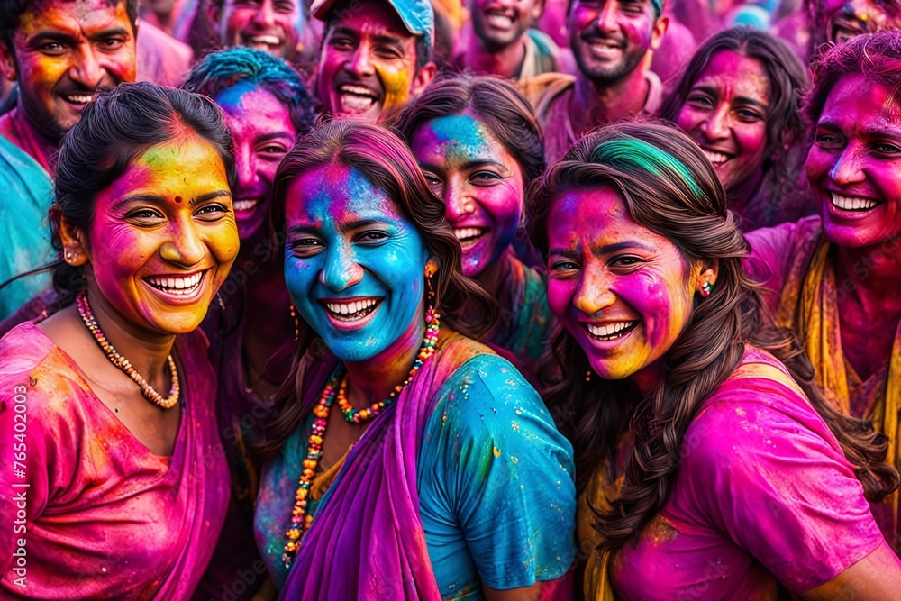 Capture the joyous atmosphere of a Holi party with a close-up shot of a vibrant and happy crowd, their faces smeared with bright colors, laughter echoing, and eyes sparkling with pure delight.