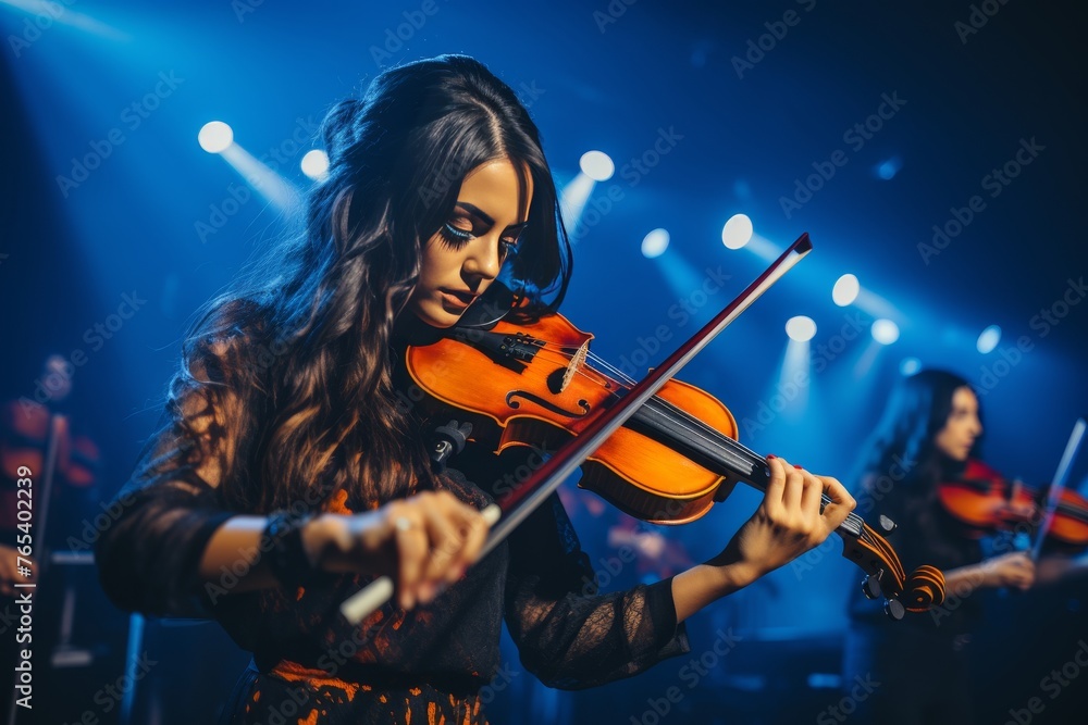 Fototapeta premium the lively and dynamic essence of a symphony orchestra, highlighting the vibrant energy of the strings section