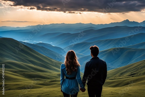 A serene moment with a shot taken from behind of a couple  standing hand in hand  gazing out at distant mountains  their silhouettes outlined against the vast horizon  evoking a sense of awe.