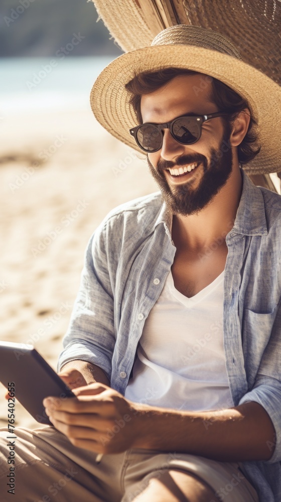 A happy Man with a beard, wearing a straw hat, shirt, sunglasses, sitting on the white sand and using a tablet on the beach. Summer, Holidays, The Sea.