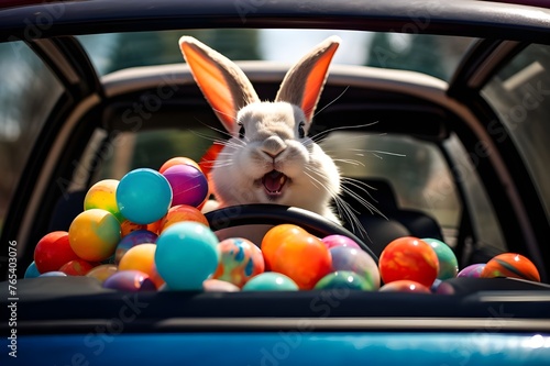 Easter Egg Bunny Smiling Rabbit in Car with Colored Glasses Handing Out of Car