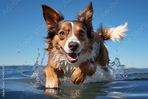 the lively dog leaping through the vibrant blue paper, exuding joy and charisma. © anwel