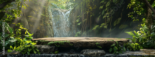 Podium product display blends into nature with stone table on waterfall background.