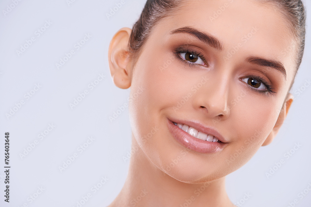 Woman, skin and portrait for beauty, happy with facial and wellness for dermatology isolated on white background. Antiaging, treatment and natural cosmetics for skincare, smile and shine in studio Woman, skin and portrait for beauty, happy with facial and wellness for dermatology isolated on white background. Antiaging, treatment and natural cosmetics for skincare, smile and shine in studio