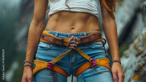 A woman is sporting an electric blue climbing harness around her waist