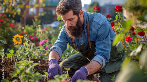 A gardener attentively cares for plants in a lush garden.