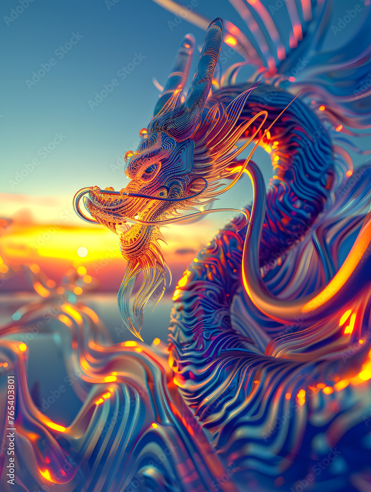 A vibrant CG artwork depicting an electric blue dragon against an azure sky at sunset. The painting showcases intricate marine biology patterns