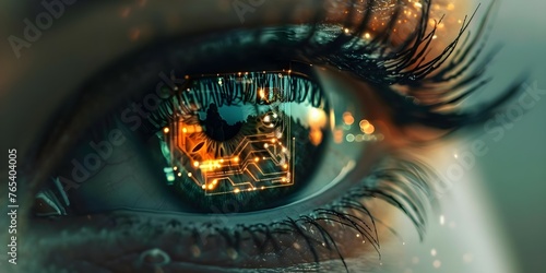 Exploring Augmented Reality and Artificial Intelligence Through a Close-Up of a Human Eye with a Digital Board Implant. Concept Augmented Reality, Artificial Intelligence, Human Eye