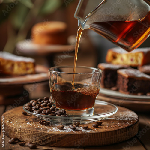 pouring black coffee from a glass carafe into a glass cup filled with black coffee on a glass saucer. There are scattered coffee beans in the saucer and white sugar. chocolate sponge cake background photo