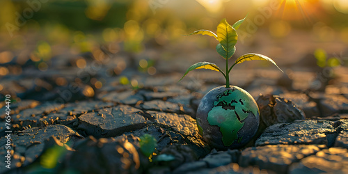 Resilient Life Green Plant Thriving in the Midst of Dry Cracked Earth, Earth day or world environment day concept tree and globe on cracked earth arid global warming,