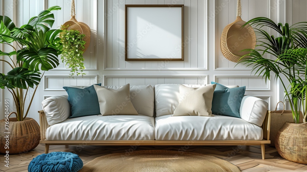 Modern white living room wall with white rectangular fabric frame on the wall. Modern white living room wall with white rectangular fabric frame on the wall.