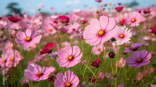 Beautiful Landscape of Cute Pink Cosmos Flowers Blooming in A Botanical Garden in Autumn or Fall, Blossom or Bloom Background, © Phatto