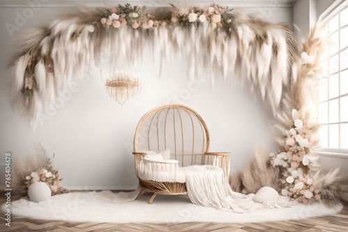 White Boho Room, Pampass Grass Digital Backgrounds, Floral Maternity Overlays, High Quality Backdrops photo