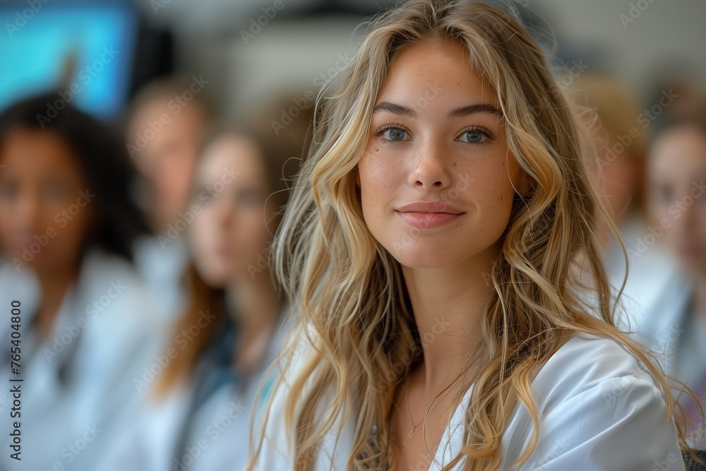 Obraz premium a woman in a white coat is sitting in front of a group of people