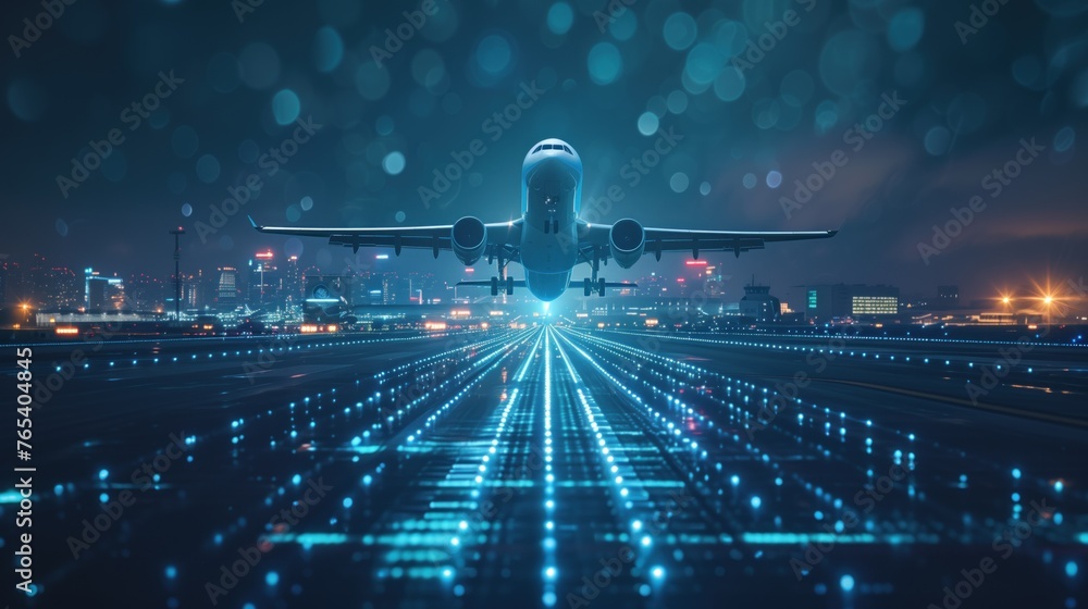 Takeoff of an airplane on an airport runway, air transport navigation Innovative airplane travel concept future technology Cargo travel on night flights - obrazy, fototapety, plakaty 