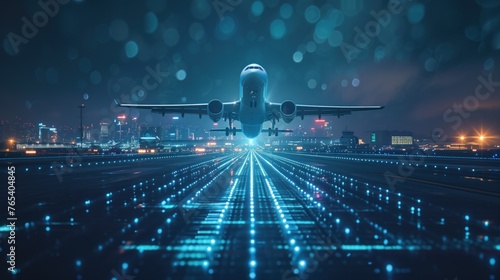 Takeoff of an airplane on an airport runway, air transport navigation Innovative airplane travel concept future technology Cargo travel on night flights photo