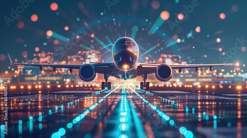 Takeoff of an airplane on an airport runway, air transport navigation Innovative airplane travel concept future technology Cargo travel on night flights