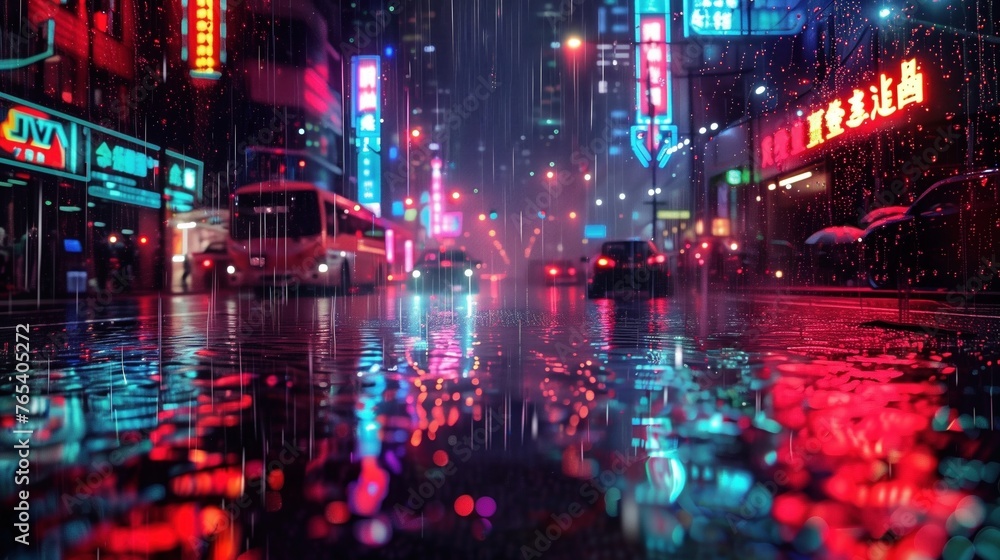 A futuristic metropolis with neon lights reflecting on rain-soaked streets.