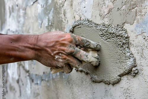Worker’s hand plastering cement on a wall for house construction