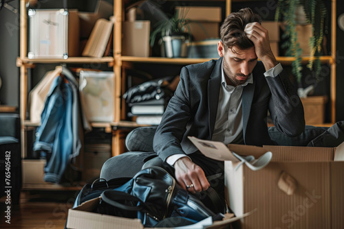 Businessman packing his personal belongings after losing his job