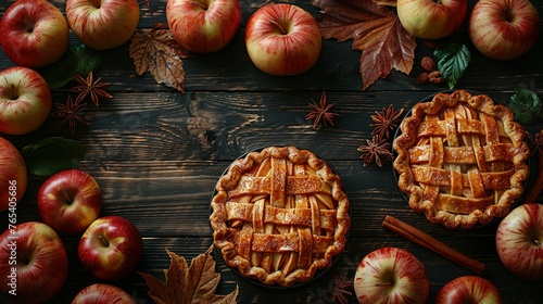 Thanksgiving background. Top view rustic wood table decor from apple and pumpkin pie, cinnamon, leaves. Autumn and fall background. Holiday food. Thanksgiving day or Halloween concept