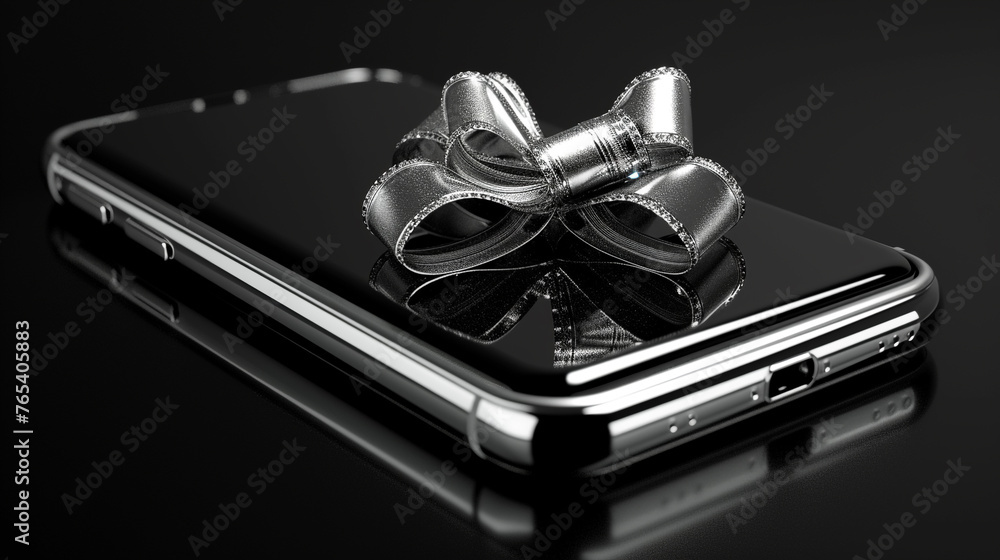 phone with a silver bow on a black background
