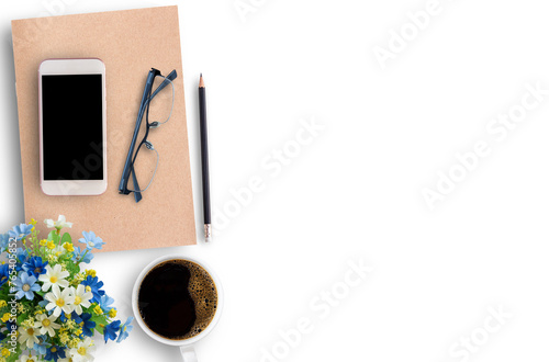 Office desk table with smartphone, coffee cup and office supplies top view