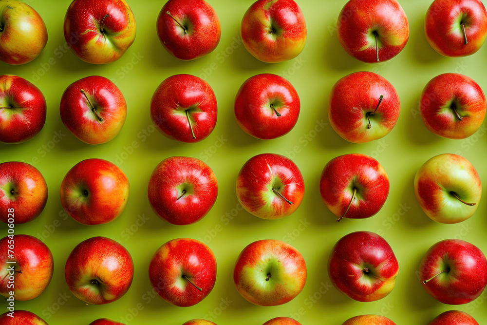 Freshly harvested apples neatly arranged in rows with the tops cut off on a vibrant green background Freshly harvested apples neatly arranged in rows with the tops cut off on a vibrant green background