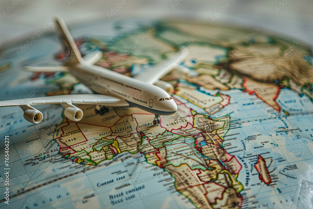Toy jet airplane on a globe map Toy jet airplane on a globe map