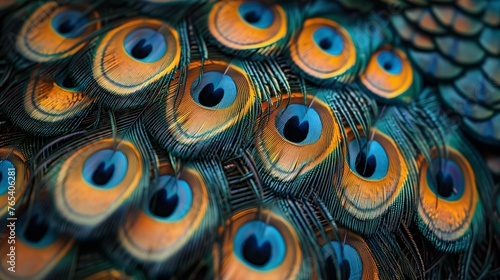 Close up of electric blue peacock feather with intricate pattern photo