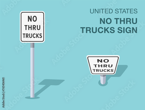Traffic regulation rules. Isolated United States no thru trucks road sign. Front and top view. Flat vector illustration template.