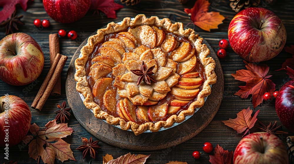 Thanksgiving background. Top view rustic wood table decor from apple and pumpkin pie, cinnamon, leaves. Autumn and fall background. Holiday food. Thanksgiving day or Halloween concept Thanksgiving background. Top view rustic wood table decor from apple and pumpkin pie, cinnamon, leaves. Autumn and fall background. Holiday food. Thanksgiving day or Halloween concept