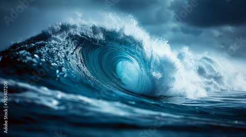 Ocean wave breaks under cloudy sky, water fluid motion on electric blue horizon © Raptecstudio